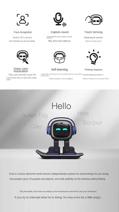 Interactive AI EMO robot companion engaging with voice commands