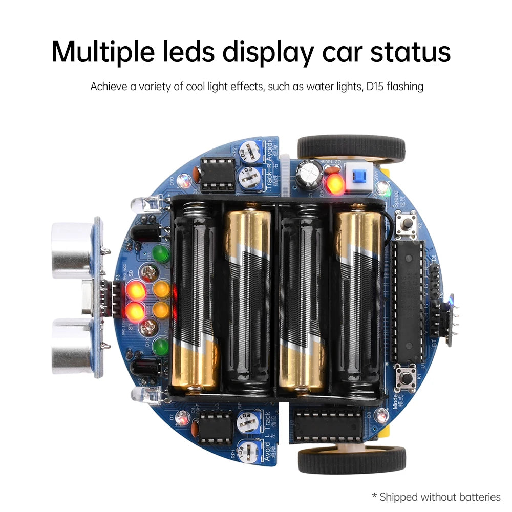 Electronic circuit board with multiple LEDs and batteries on a white background