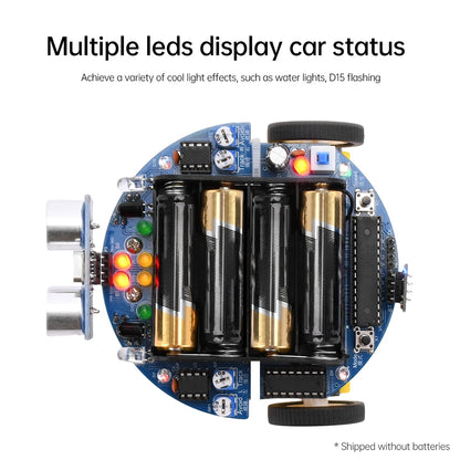Electronic circuit board with multiple LEDs and batteries on a white background