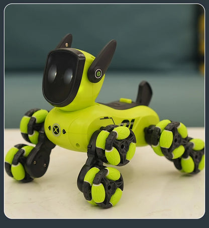 Toy robot dog with green and black color scheme on a light surface.