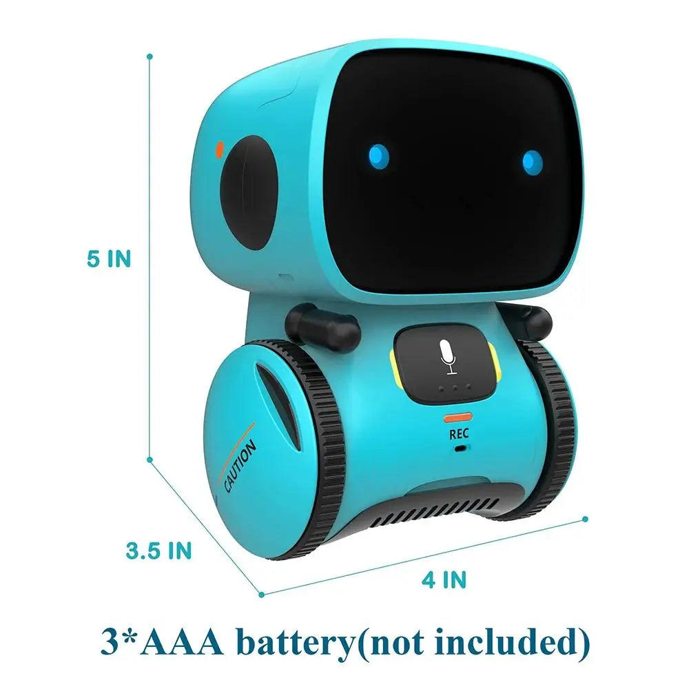 Blue robot with dimensions and battery information on a white background