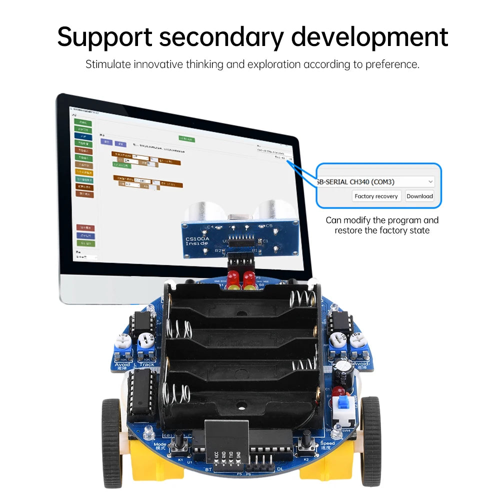 Robotic vehicle with computer screen displaying programming interface on a white background