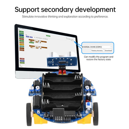 Robotic vehicle with computer screen displaying programming interface on a white background