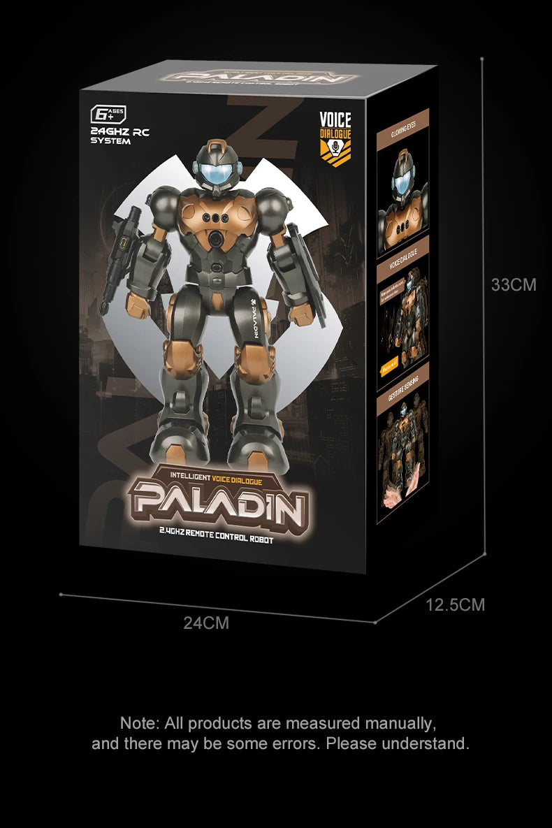 Boxed robot model 'Paladin' with dimensions on a black background