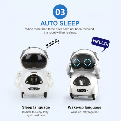 Two robots with text explaining auto sleep and communication features on a light blue background