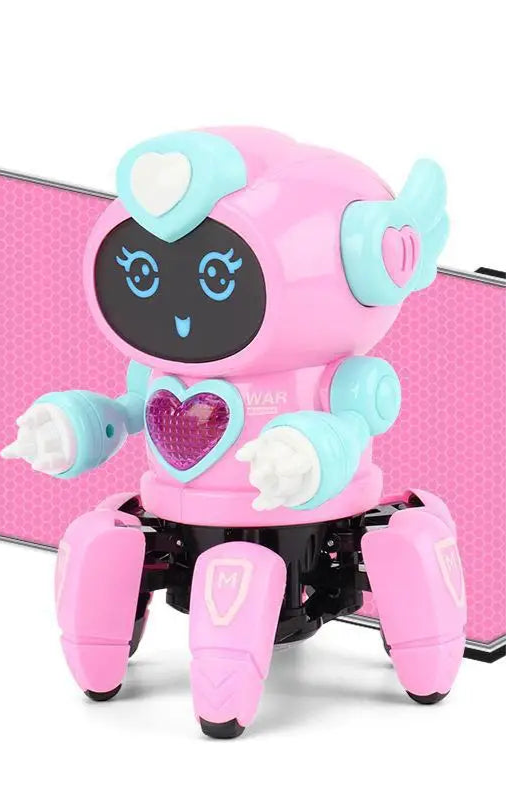 Pink and blue robot toy with a heart design on a pink background