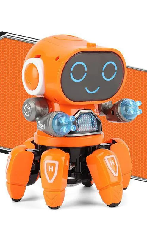 Orange toy robot with a smiling face on an orange background