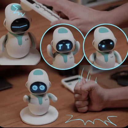 Eilik Small robot toy on a wooden surface with close-up insets of its face.