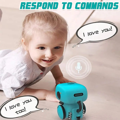 Child interacting with a blue robot toy, with text bubbles indicating communication.