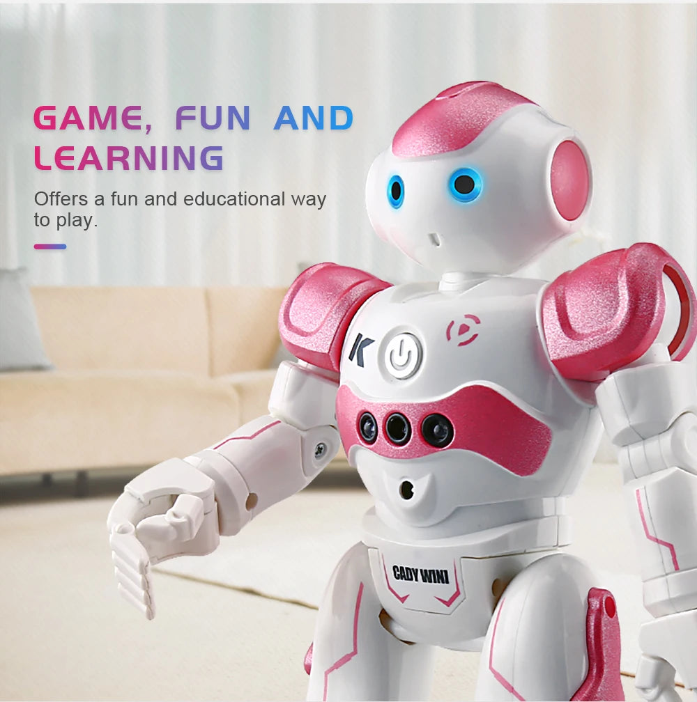 Toy robot with pink accents on a light background, featuring text about gaming, fun, and learning.