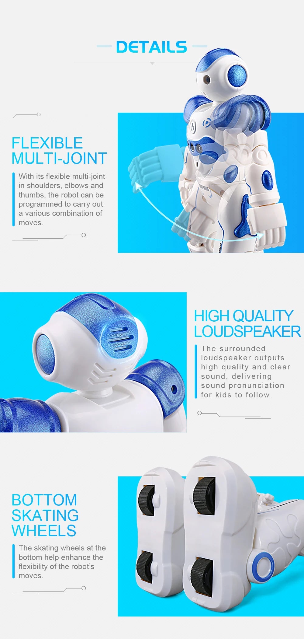 Toy robot with features highlighted on a blue background