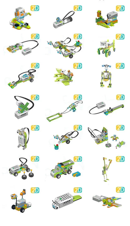 Set of toy building blocks with various configurations on a white background