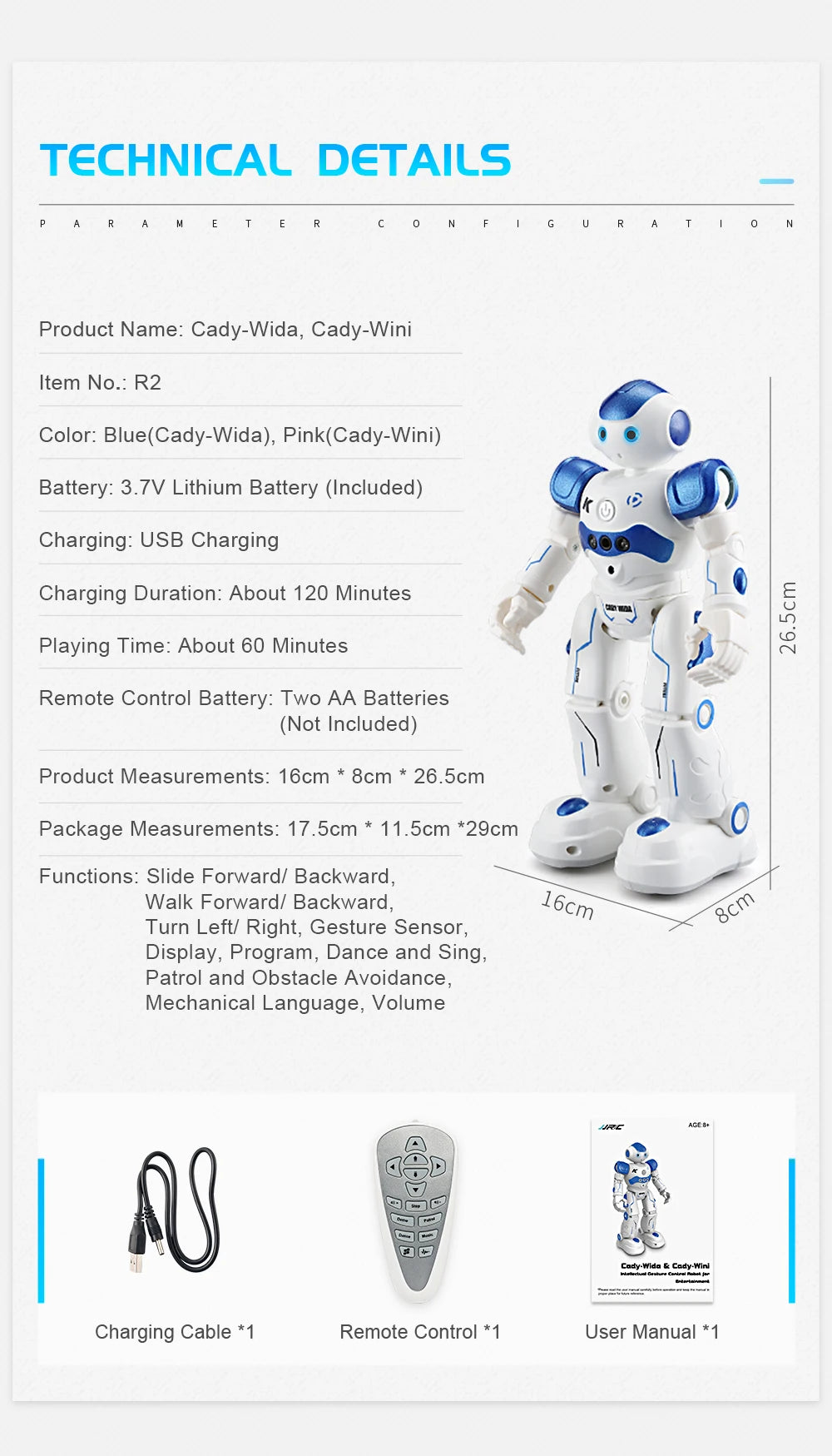 Technical details of a robot toy with specifications and features listed.