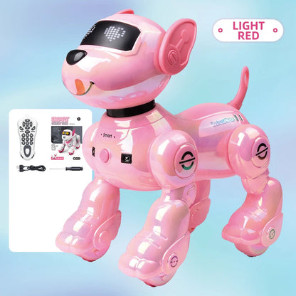 Pink electronic toy dog with remote control on a light blue background