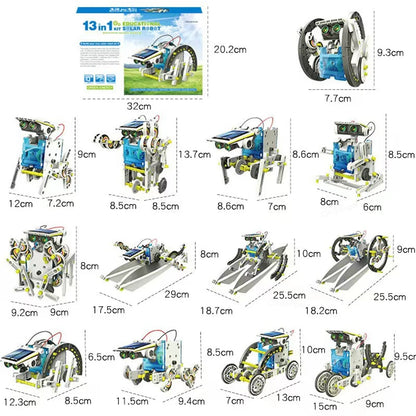 13-in-1 solar robot kit with various configurations and dimensions displayed.