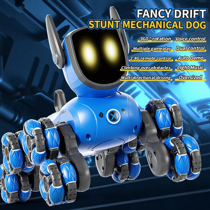 Blue mechanical dog toy with glowing eyes on a dark background