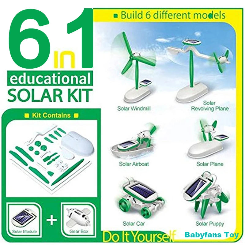6-in-1 educational solar kit packaging with models and components displayed.