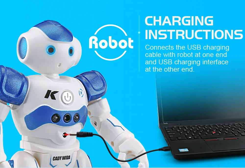 Robot charging with a laptop on a blue background