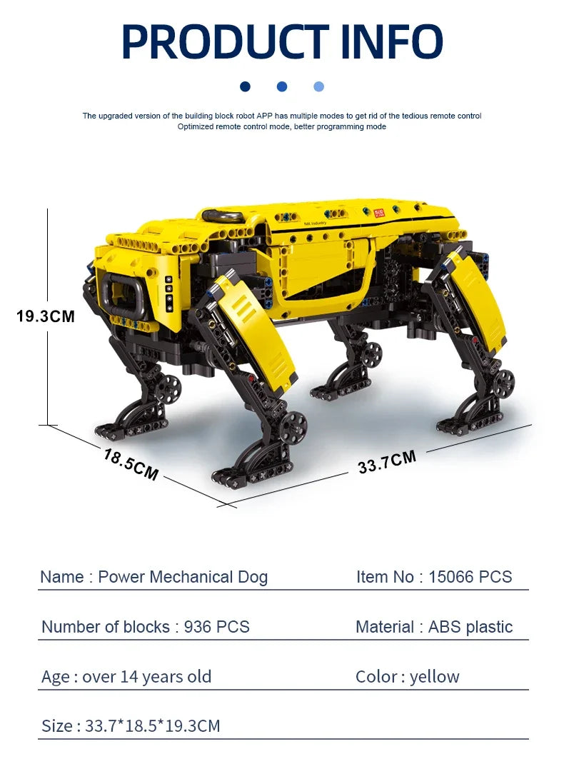 Yellow mechanical dog model with dimensions and product details on a white background