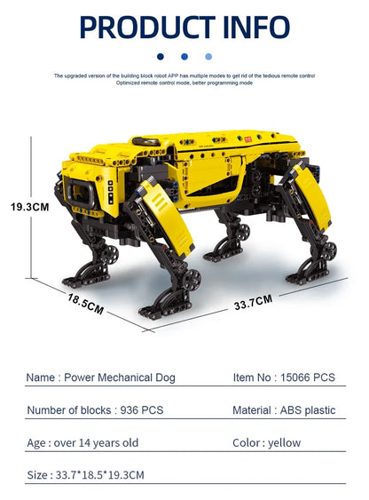 Yellow mechanical dog model with dimensions and product details on a white background