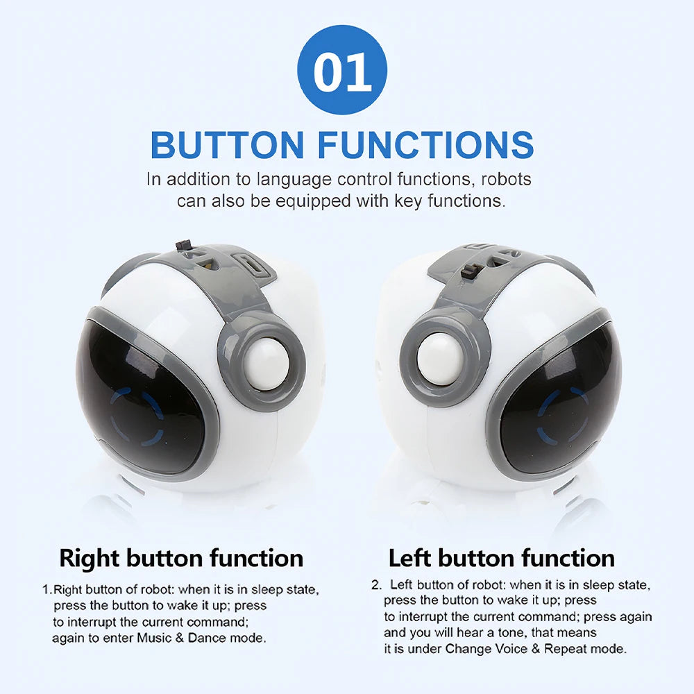 Two robots with buttons labeled 'Right button function' and 'Left button function' on a light blue background.