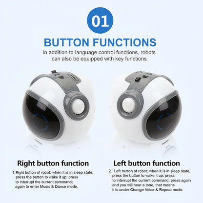 Two robots with buttons labeled 'Right button function' and 'Left button function' on a light blue background.