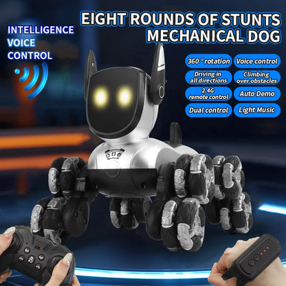 Mechanical dog toy with remote controls and feature text on a dark background