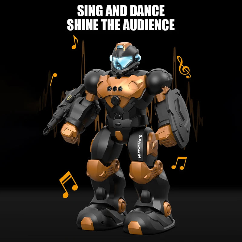 Toy robot with black and brown design on a dark background with musical notes.