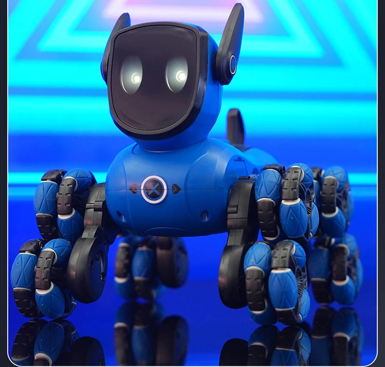 Blue robot toy with a blue geometric background