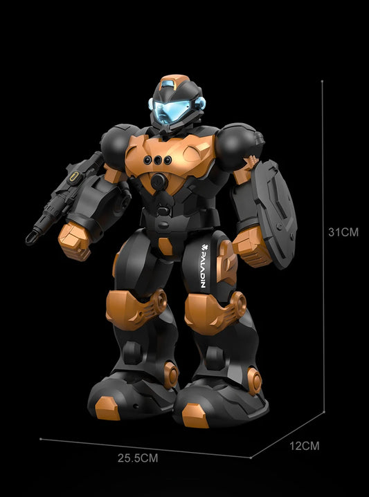 Toy robot figure with measurements on a black background